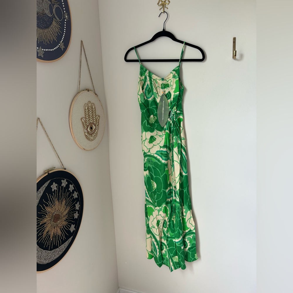 Farm Rio tropical groove Green Floral midi cut out beaded Dress